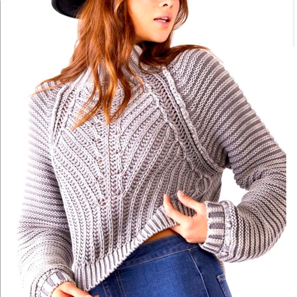 Free People Sweetheart Gray Chunky Knit Crop Sweater Mock Neck—XS NWOT